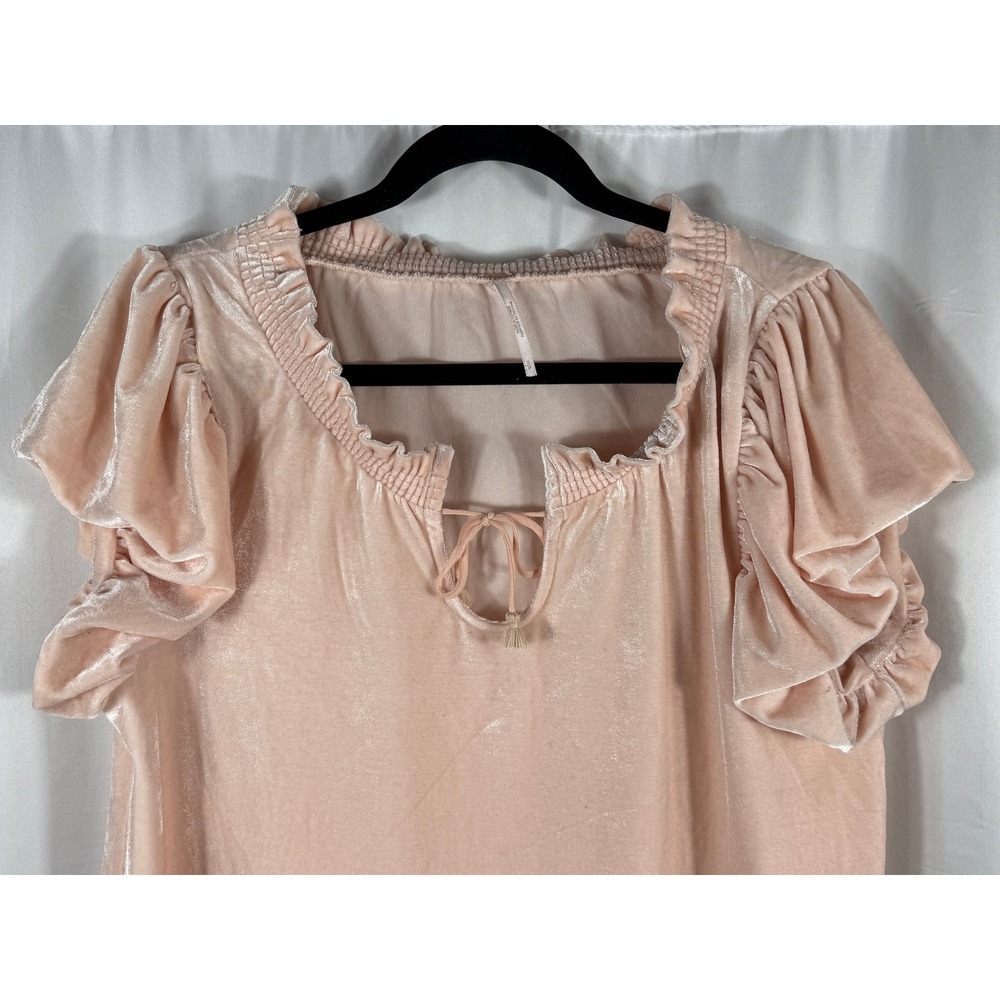 Free People Blush Pink / Peach Velvet Ruffle Sleeve Smocked Blouse Womens S - Picture 3 of 5